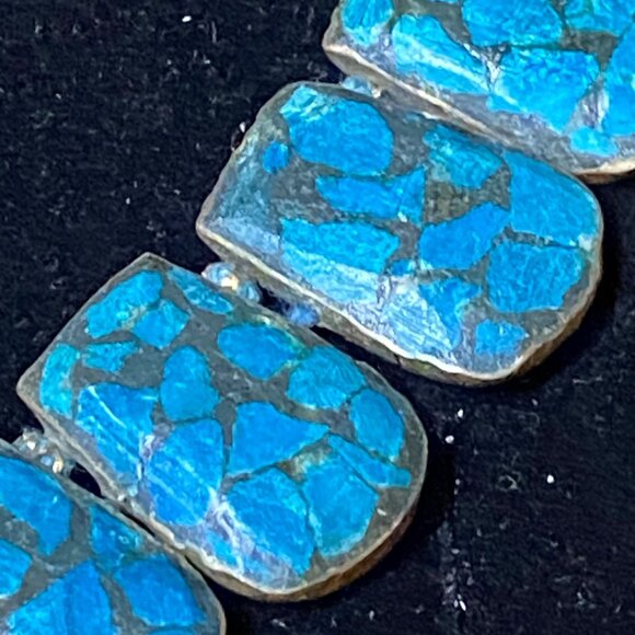 Vintage Blue Mosaic Stone Necklace With Toggle Clasp - Picture 5 of 16